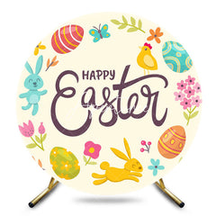 Aperturee - Aperturee Color Eggs Floral Bunny Round Happy Easter Backdrop