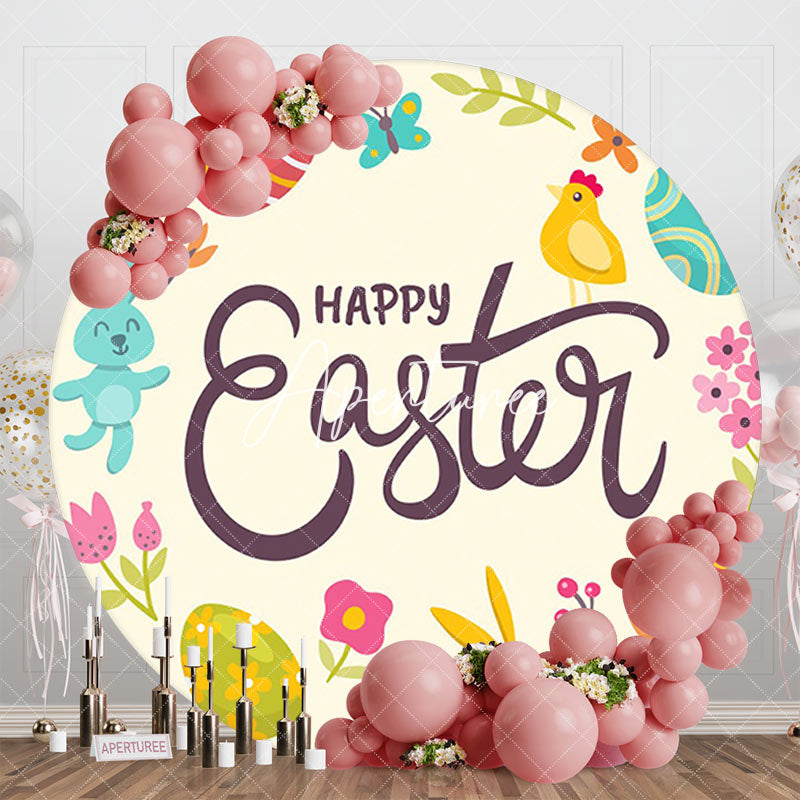 Aperturee - Aperturee Color Eggs Floral Bunny Round Happy Easter Backdrop