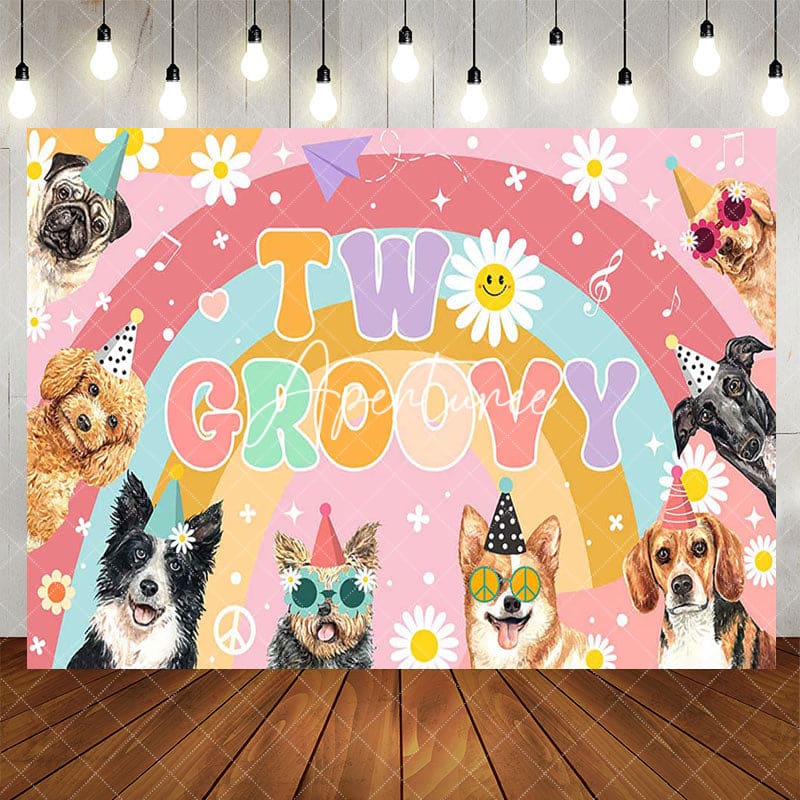 Aperturee - Aperturee Color Rainbow Daisy Dogs Two Groovy Birthday Backdrop