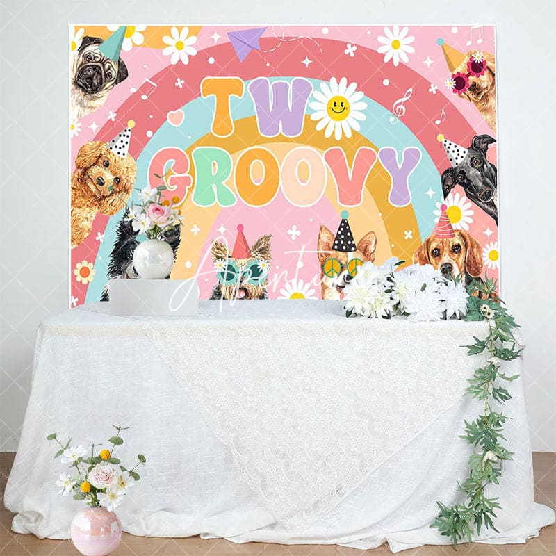 Aperturee - Aperturee Color Rainbow Daisy Dogs Two Groovy Birthday Backdrop