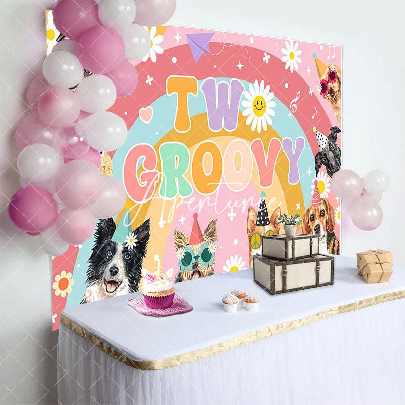 Aperturee - Aperturee Color Rainbow Daisy Dogs Two Groovy Birthday Backdrop