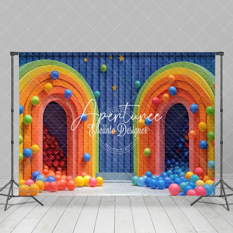 Aperturee - Aperturee Colored Balls Blue Arch Wall Cake Smash Backdrop