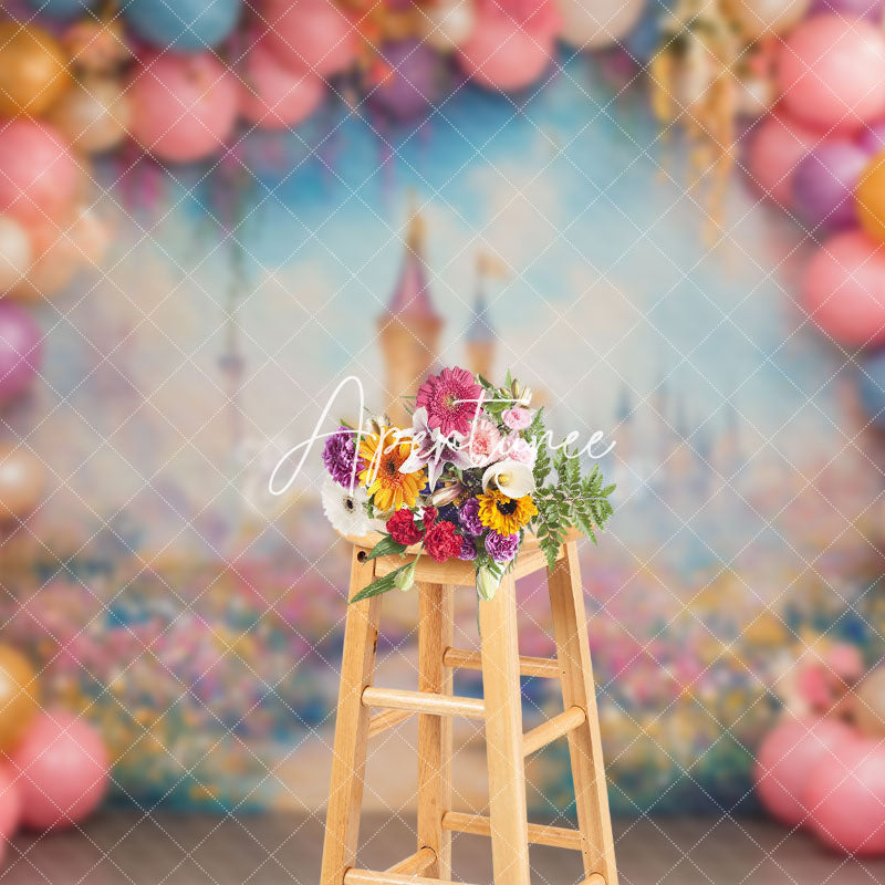 Aperturee - Aperturee Colorful Arch Balloon Castle Cake Smash Backdrop