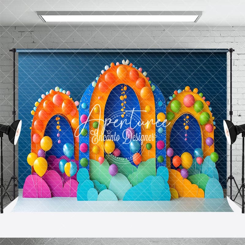 Aperturee - Aperturee Colorful Arch Outline Balloons Cake Samsh Backdrop