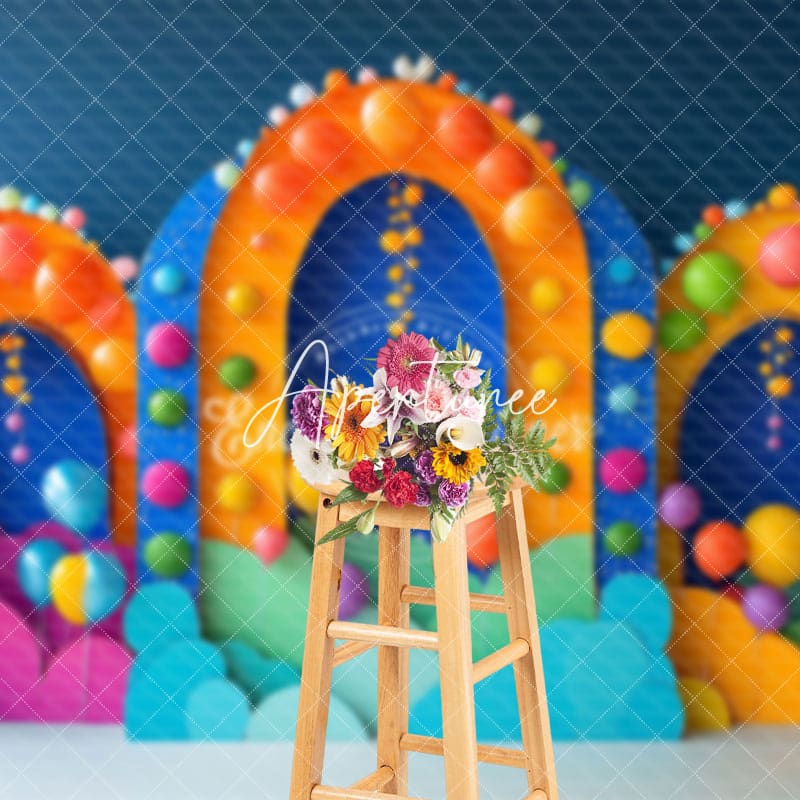 Aperturee - Aperturee Colorful Arch Outline Balloons Cake Samsh Backdrop