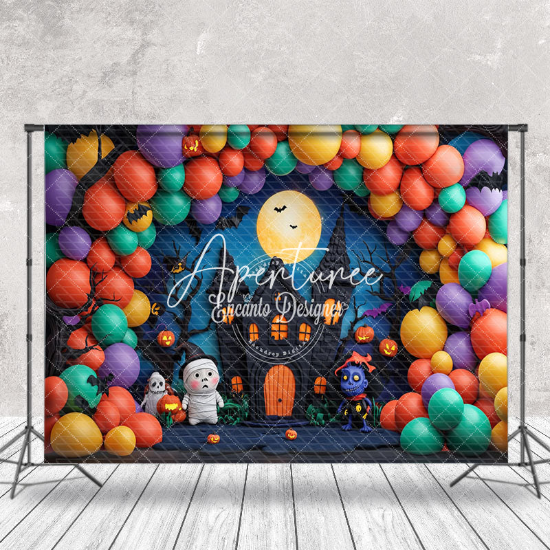 Aperturee - Aperturee Colorful Balloon Moon Castle Ghost Halloween Backdrop