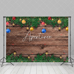 Aperturee - Aperturee Colorful Bells Brown Wood Grain Christmas Backdrop