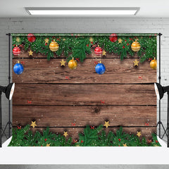 Aperturee - Aperturee Colorful Bells Brown Wood Grain Christmas Backdrop