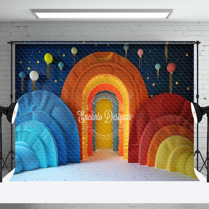 Aperturee - Aperturee Colorful Boho Rainbow Arch Cake Smash Photo Backdrop