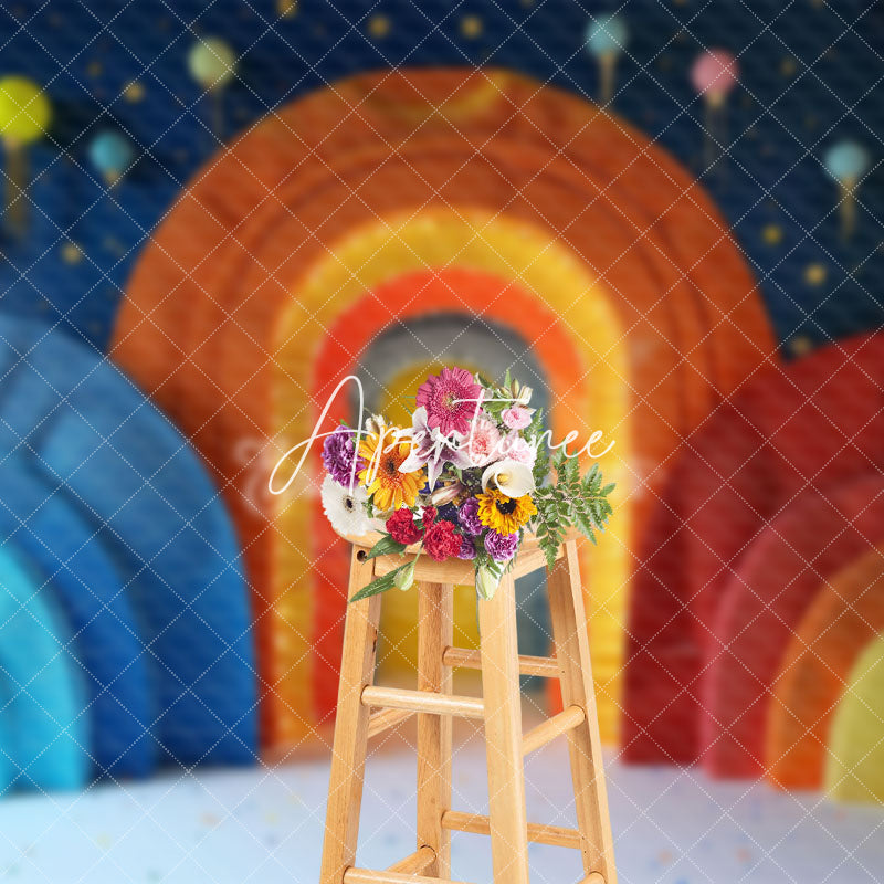 Aperturee - Aperturee Colorful Boho Rainbow Arch Cake Smash Photo Backdrop