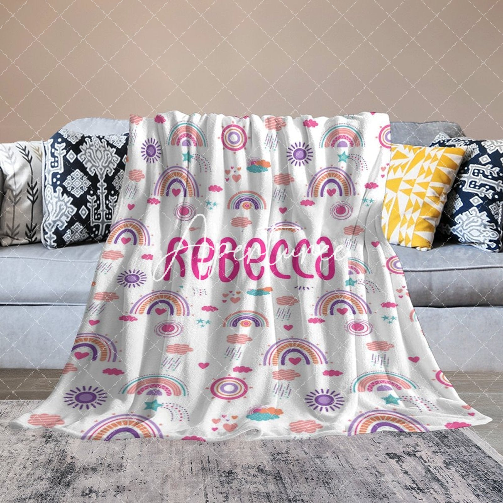 Aperturee - Aperturee Colorful Boho Rainbow Weather Custom Name Blanket