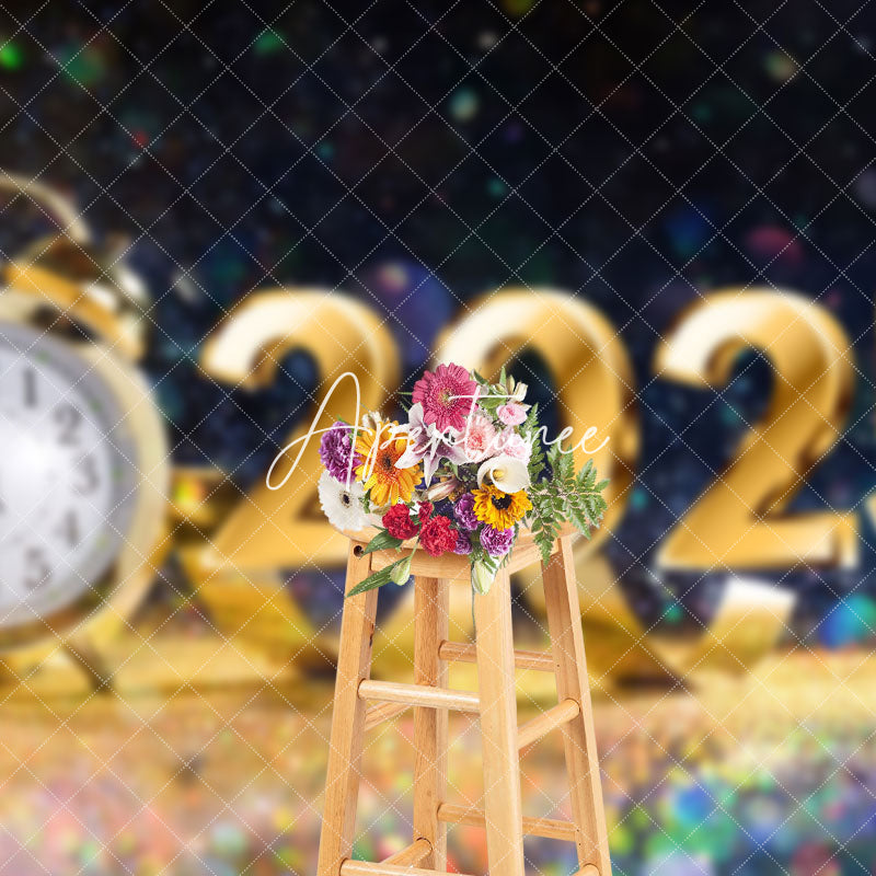 Aperturee - Aperturee Colorful Bokeh Gold Clock 2025 New Year Backdrop