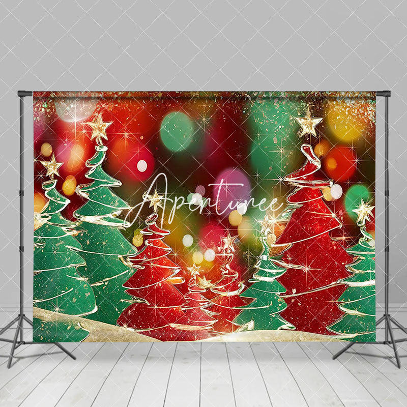 Aperturee - Aperturee Colorful Bokeh Star Gilt Gold Tree Christmas Backdrop