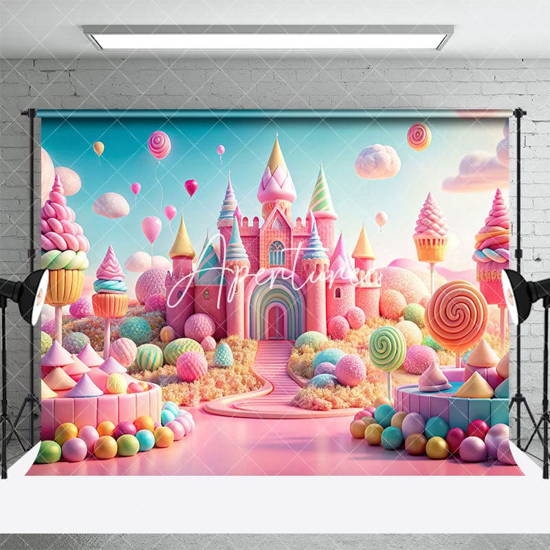 Aperturee - Aperturee Colorful Candyland Castle Cake Smash Photo Backdrop