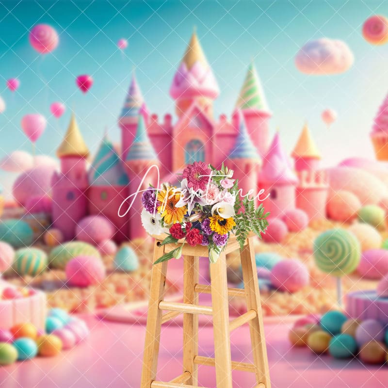 Aperturee - Aperturee Colorful Candyland Castle Cake Smash Photo Backdrop