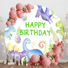 Aperturee - Aperturee Colorful Dinosaur Eggs Round Happy Birthday Backdrop