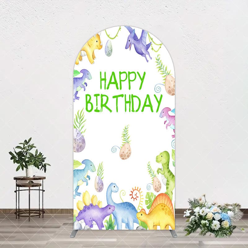 Aperturee - Aperturee Colorful Dinosaurs Eggs Happy Birthday Arch Backdrop