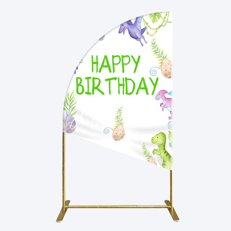 Aperturee - Aperturee Colorful Dinosaurs Eggs Happy Birthday Half Moon Arch Backdrop