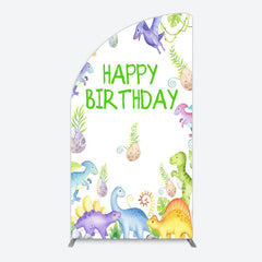 Aperturee - Aperturee Colorful Dinosaurs Eggs Happy Birthday Half Moon Arch Backdrop