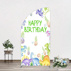 Aperturee - Aperturee Colorful Dinosaurs Eggs Happy Birthday Half Moon Arch Backdrop