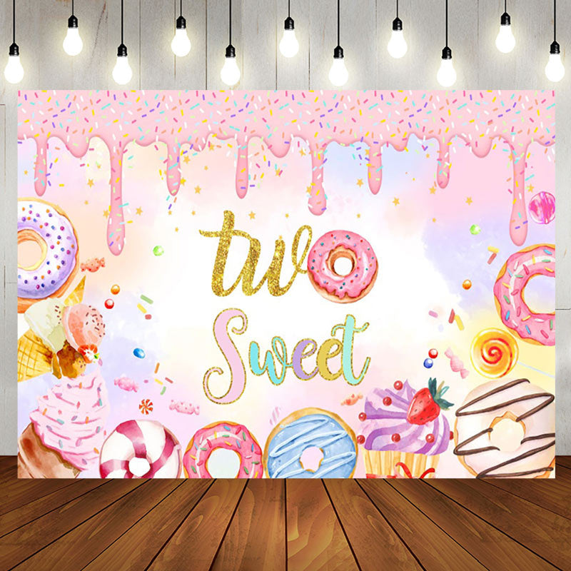 Aperturee - Aperturee Colorful Donut Candyland Two Sweet Birthday Backdrop