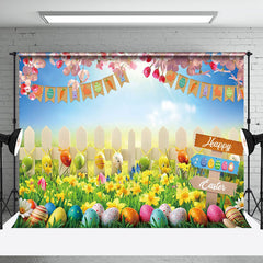 Aperturee - Aperturee Colorful Egg Hunt Scene Yellow Tulip Easter Backdrop