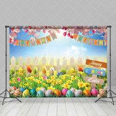 Aperturee - Aperturee Colorful Egg Hunt Scene Yellow Tulip Easter Backdrop