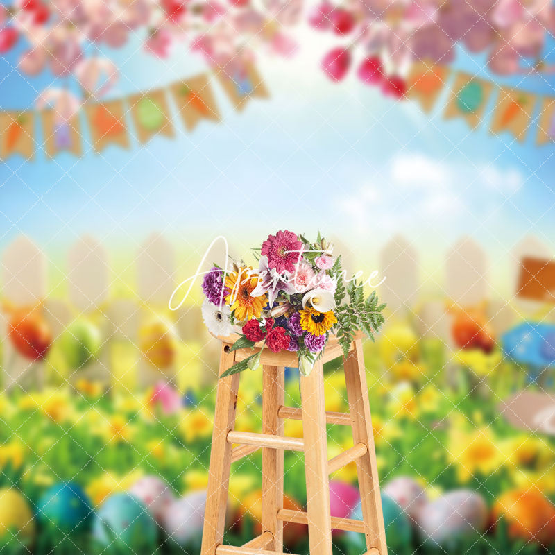 Aperturee - Aperturee Colorful Egg Hunt Scene Yellow Tulip Easter Backdrop