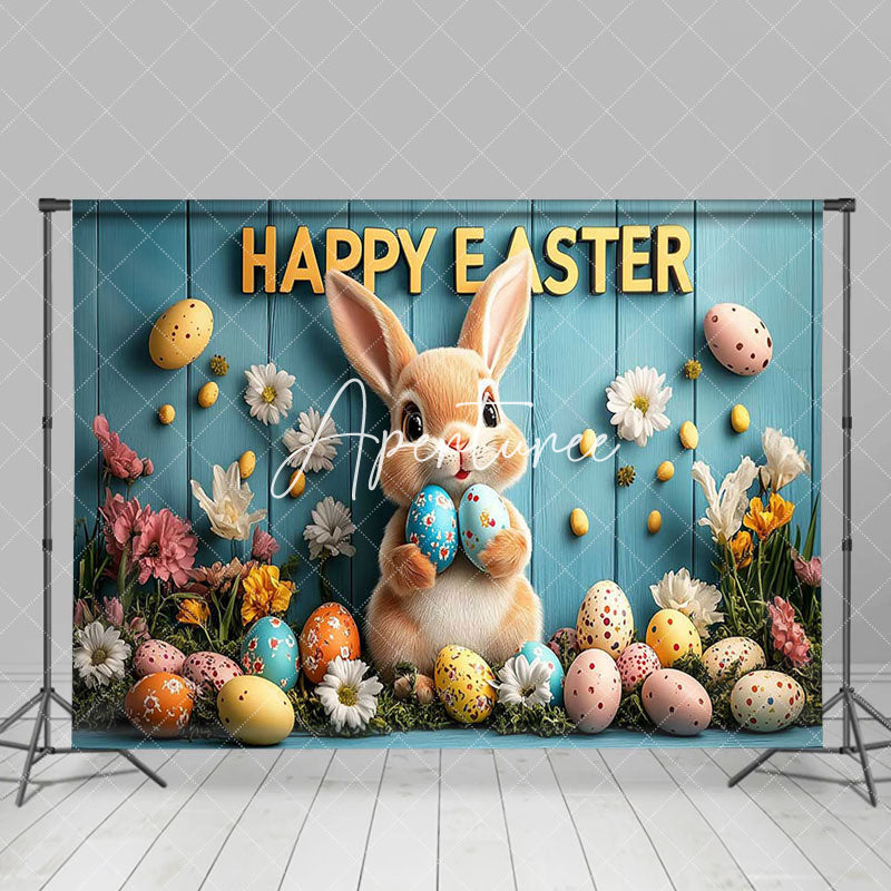 Aperturee - Aperturee Colorful Eggs Floral Bunny Blue Wall Easter Backdrop