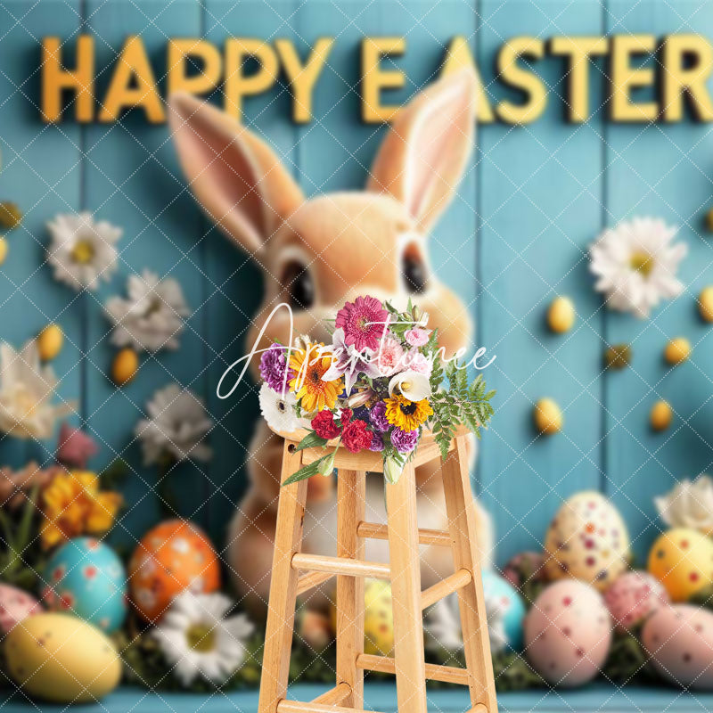 Aperturee - Aperturee Colorful Eggs Floral Bunny Blue Wall Easter Backdrop