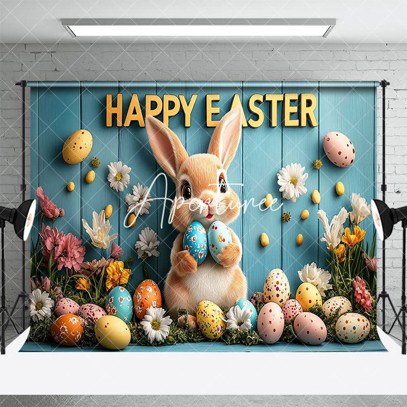 Aperturee - Aperturee Colorful Eggs Floral Bunny Blue Wall Easter Backdrop