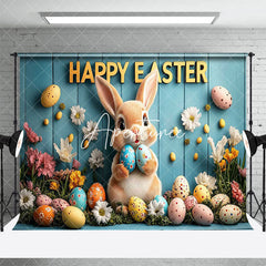 Aperturee - Aperturee Colorful Eggs Floral Bunny Blue Wall Easter Backdrop