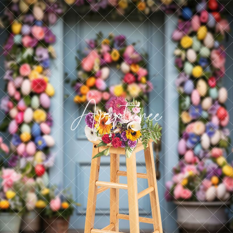 Aperturee - Aperturee Colorful Eggs Wreath Floral Blue Door Easter Backdrop