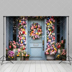 Aperturee - Aperturee Colorful Eggs Wreath Floral Blue Door Easter Backdrop