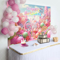 Aperturee - Aperturee Colorful Fairy Tale Candyland Happy Birthday Backdrop