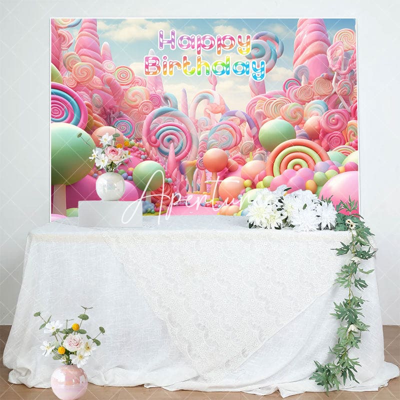 Aperturee - Aperturee Colorful Fairy Tale Candyland Happy Birthday Backdrop