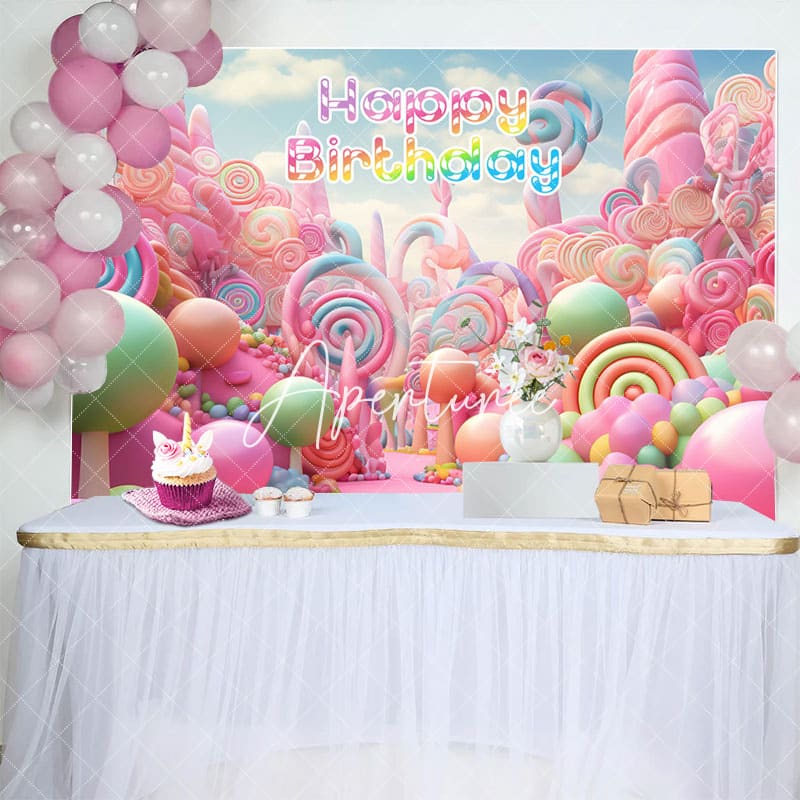 Aperturee - Aperturee Colorful Fairy Tale Candyland Happy Birthday Backdrop