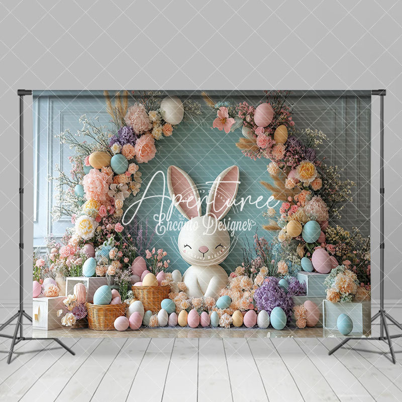 Aperturee - Aperturee Colorful Floral Arch Bunny Egg Spring Easter Backdrop