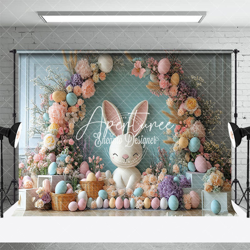 Aperturee - Aperturee Colorful Floral Arch Bunny Egg Spring Easter Backdrop