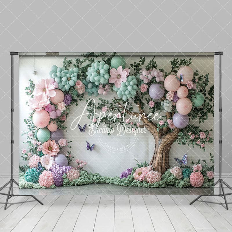 Aperturee - Aperturee Colorful Floral Balloons Tree Cake Smash Backdrop