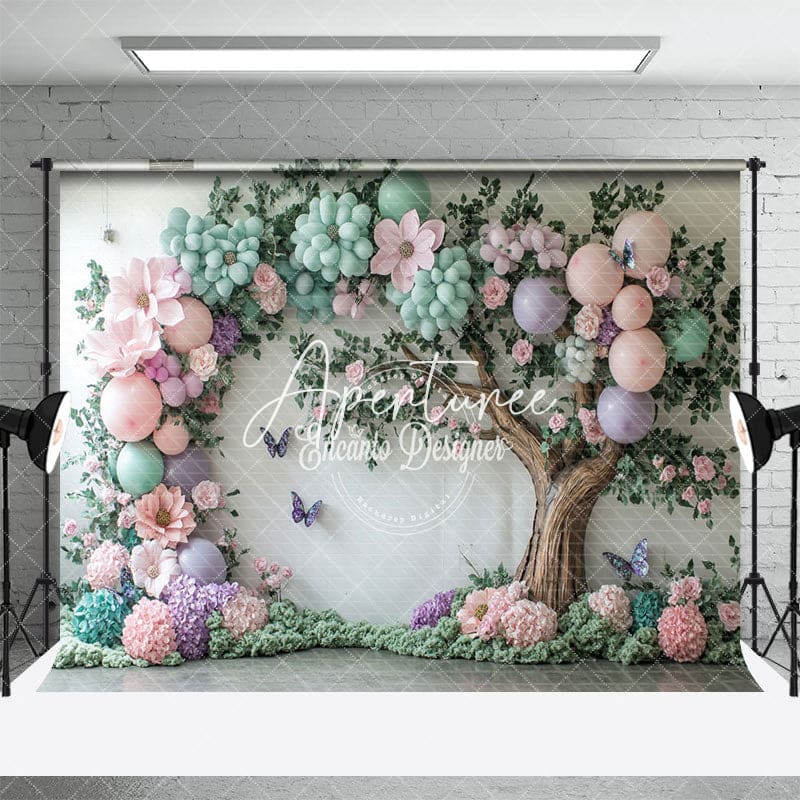 Aperturee - Aperturee Colorful Floral Balloons Tree Cake Smash Backdrop