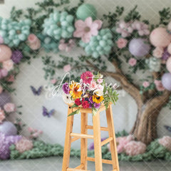 Aperturee - Aperturee Colorful Floral Balloons Tree Cake Smash Backdrop