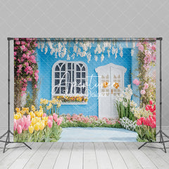 Aperturee - Aperturee Colorful Floral Blue Garden Cabin Spring Backdrop