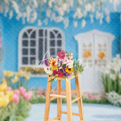 Aperturee - Aperturee Colorful Floral Blue Garden Cabin Spring Backdrop