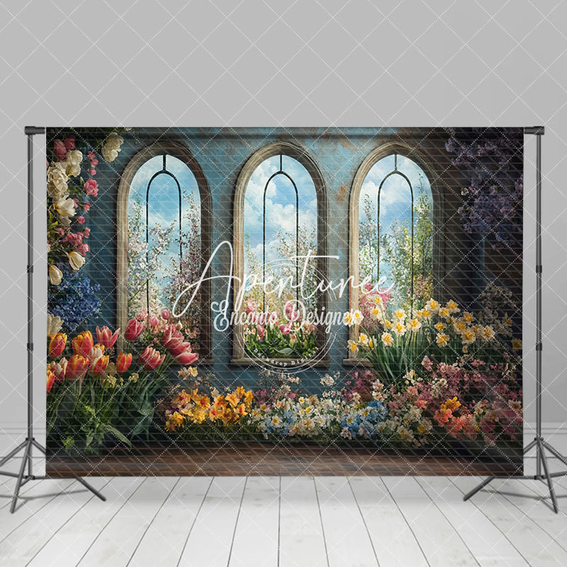 Aperturee - Aperturee Colorful Floral Blue Retro Mural Window Backdrop