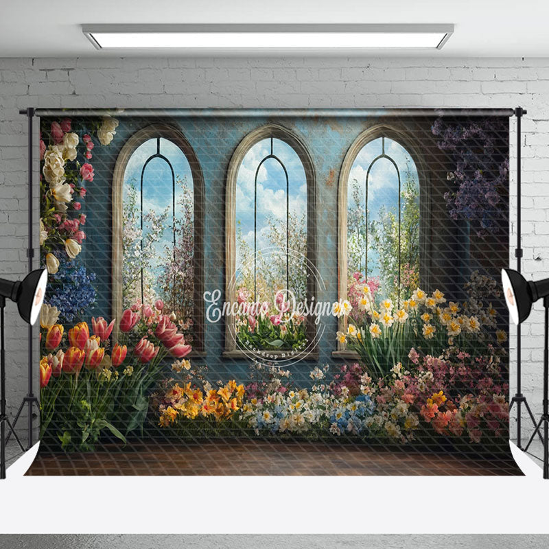 Aperturee - Aperturee Colorful Floral Blue Retro Mural Window Backdrop