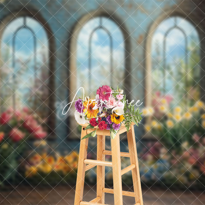 Aperturee - Aperturee Colorful Floral Blue Retro Mural Window Backdrop