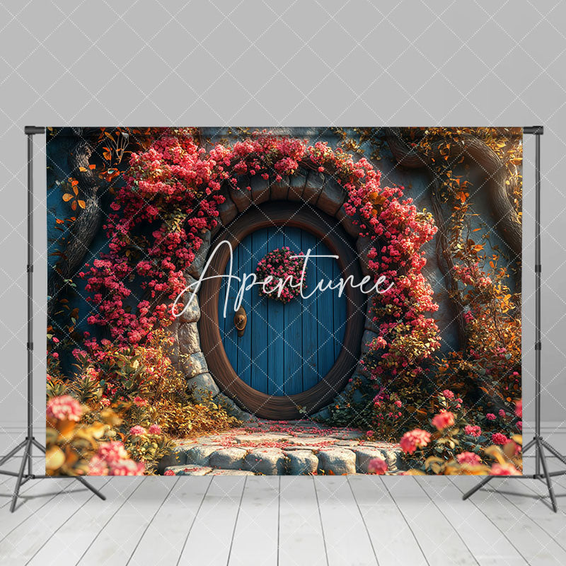 Aperturee - Aperturee Colorful Floral Blue Wood Door Spring Photo Backdrop