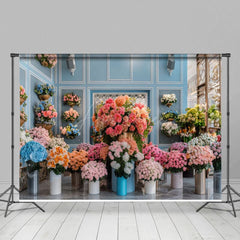 Aperturee - Aperturee Colorful Floral Bouquet Blue Room Wedding Backdrop