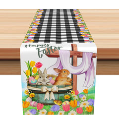 Aperturee - Aperturee Colorful Floral Bunny Black Plaid Easter Table Runner